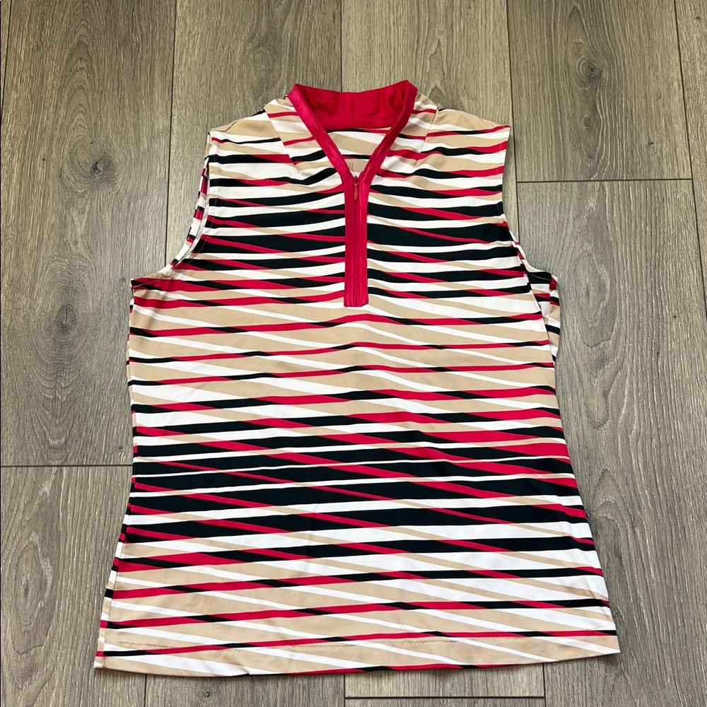 Tail, Sz M, red, white, black, tan, sleeveless, Golf, stretch, summer top